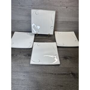 Noritake Platinum Wave Scrolls Trim Square White 10.5” Dinner Plates ~4 Pc Set